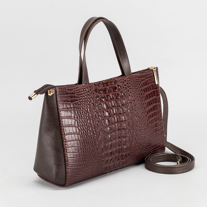 Сумка женская, отдел на молнии, наружный карман, крокодил, цвет коричневый