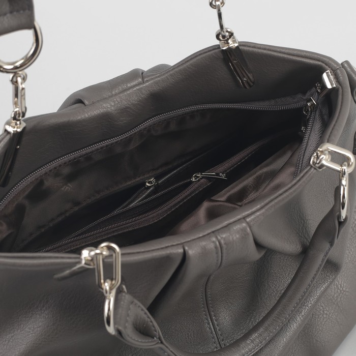 Сумка женская, 2 отдела на молнии, наружный карман, цвет тёмно-серый