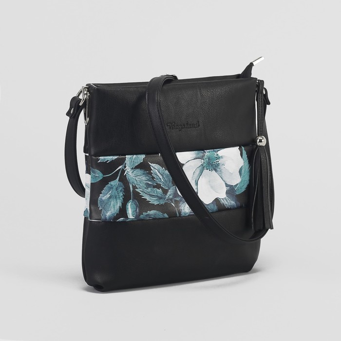 Сумка женская «Цветы», 1 отдел на молнии, наружный карман, регулируемый ремень, цвет чёрный/голубой