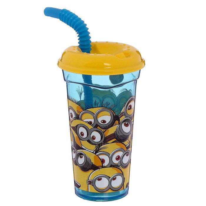 Стакан 400 мл "Миньоны. Правила" с соломинкой и крышкой, прозрачный
