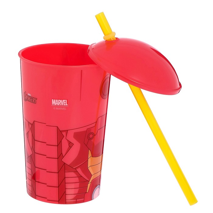 Стакан пластиковый 400 мл "Мстители. Железный человек" с соломинкой и крышкой