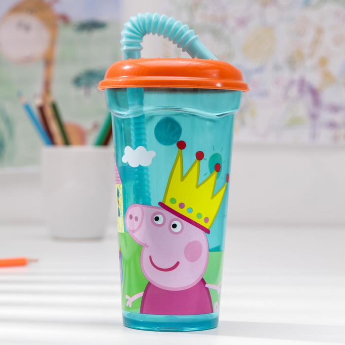 Стакан 400 мл "Свинка Пеппа" с соломинкой и крышкой, прозрачный