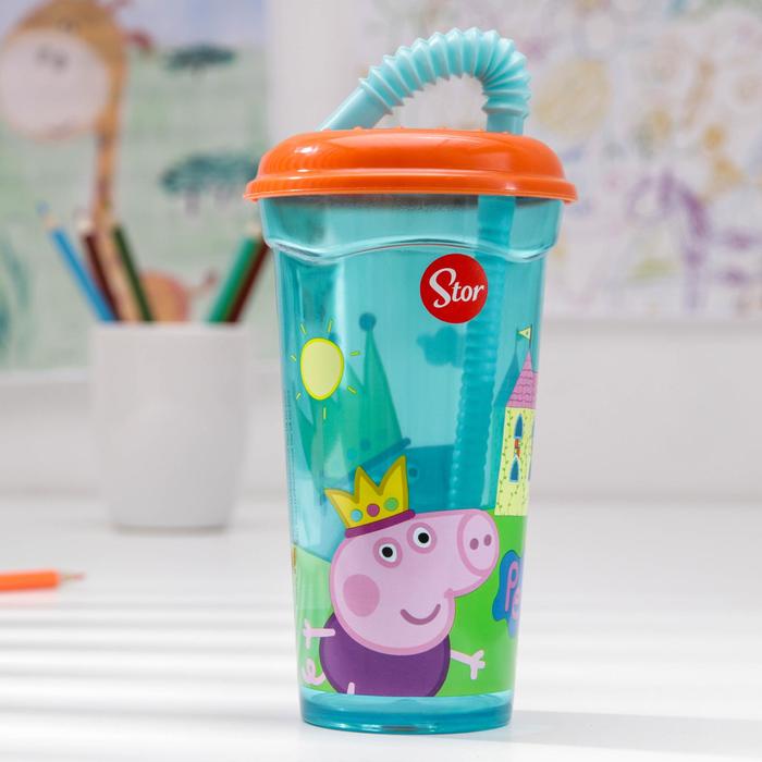 Стакан 400 мл "Свинка Пеппа" с соломинкой и крышкой, прозрачный