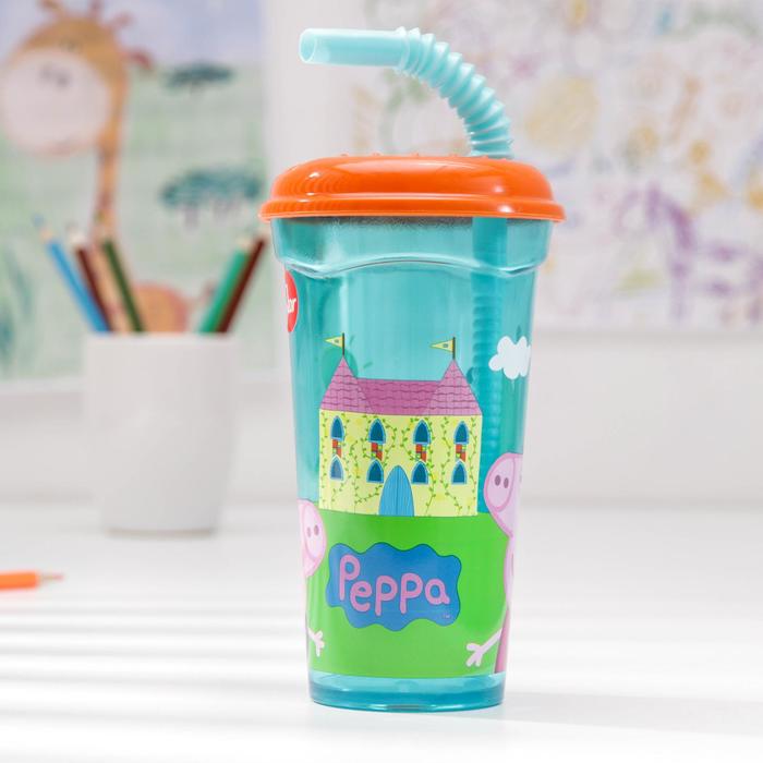 Стакан 400 мл "Свинка Пеппа" с соломинкой и крышкой, прозрачный