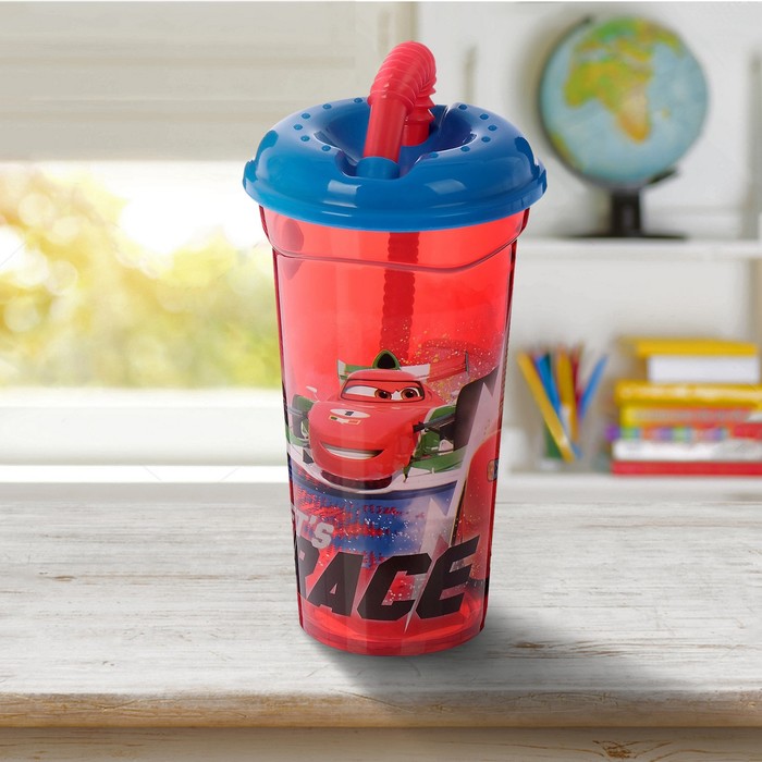 Стакан 400 мл "Тачки. Грани гонок" с соломинкой и крышкой, прозрачный