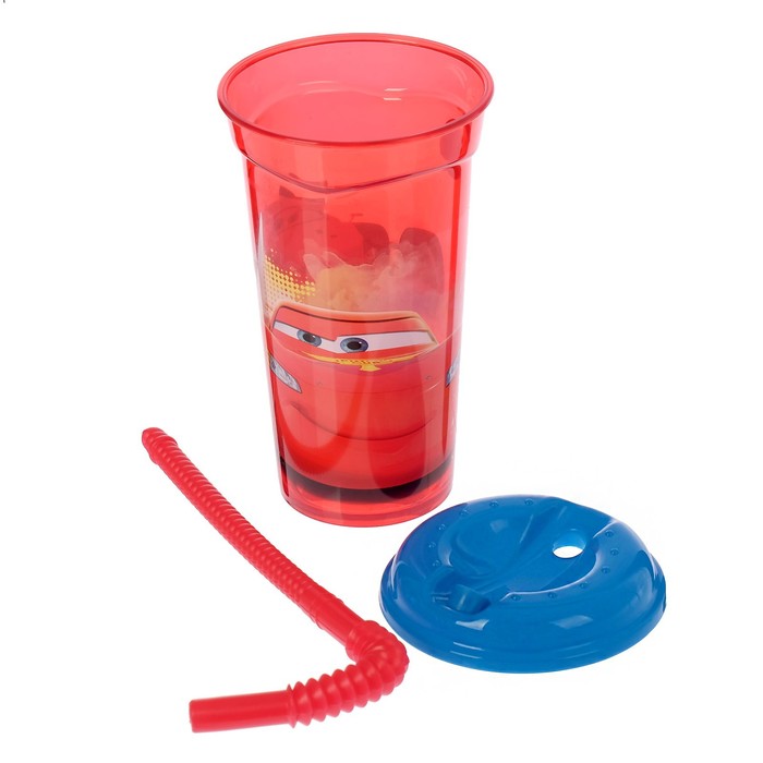 Стакан 400 мл "Тачки. Грани гонок" с соломинкой и крышкой, прозрачный