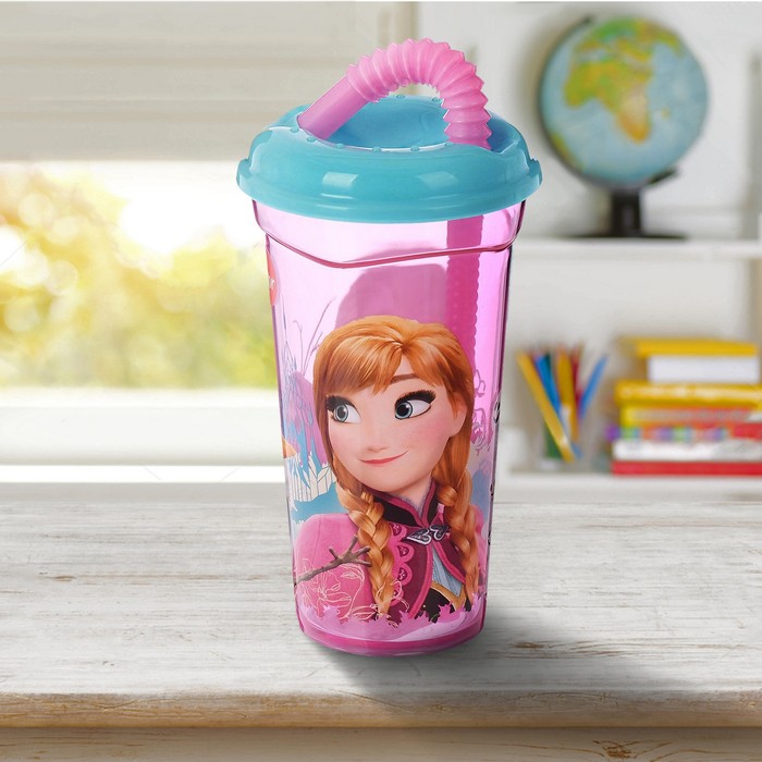 Стакан 400 мл "Холодное сердце. цветы" с соломинкой и крышкой, прозрачный