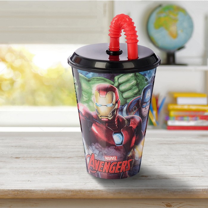 Стакан пластиковый 430 мл "Мстители. Галерея" с соломинкой и крышкой