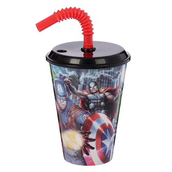 Стакан пластиковый 430 мл "Мстители. Галерея" с соломинкой и крышкой