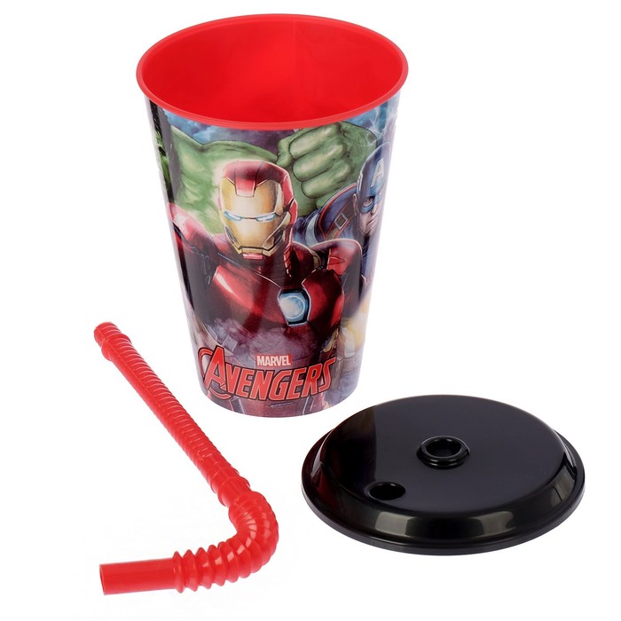 Стакан пластиковый 430 мл "Мстители. Галерея" с соломинкой и крышкой