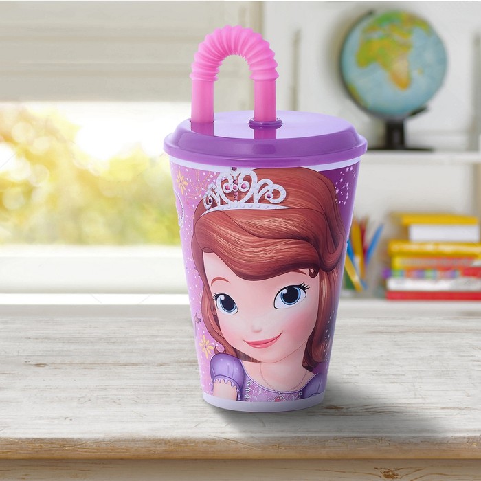 Стакан пластиковый 430 мл "Принцесса София" с соломинкой и крышкой, цвет фиолетовый