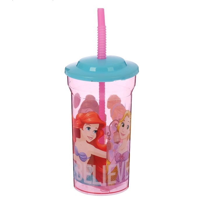 Стакан 460 мл "Принцессы. Дружные приключения" с соломинкой и крышкой, прозрачный