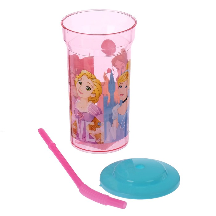 Стакан 460 мл "Принцессы. Дружные приключения" с соломинкой и крышкой, прозрачный