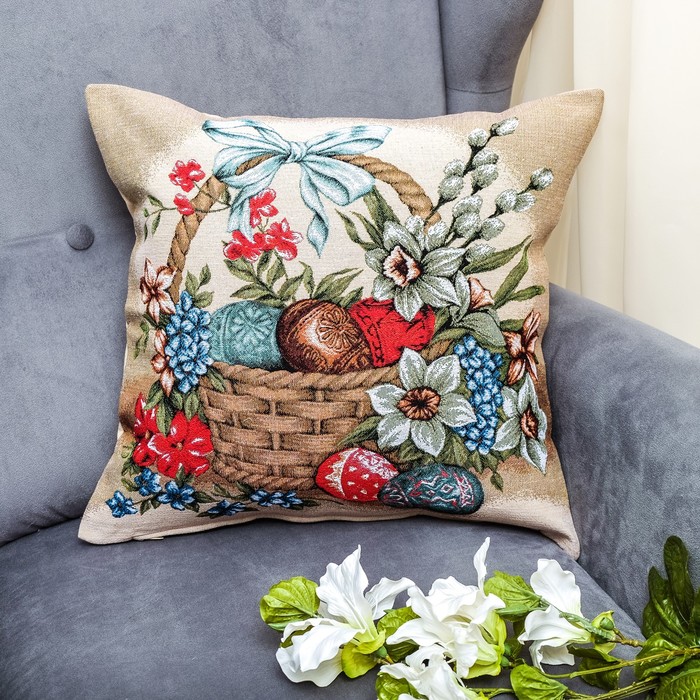Наволочка из гобелена Пасхальная корзина 45*45, 370 г/м пэ 100%