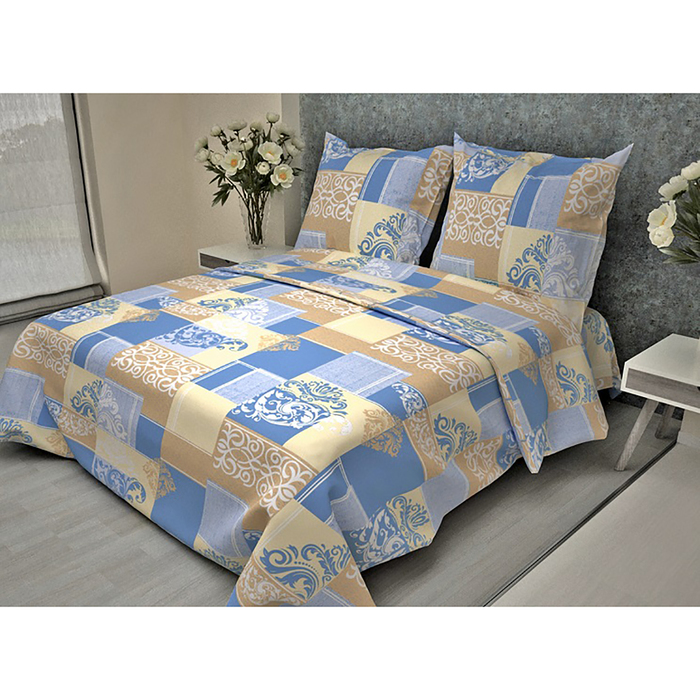 Постельное бельё 2 сп. La Marka Home рис.Вензель Синий с Бежевым 175х210, 180х210, 70х70 2шт бязь 100г/м,