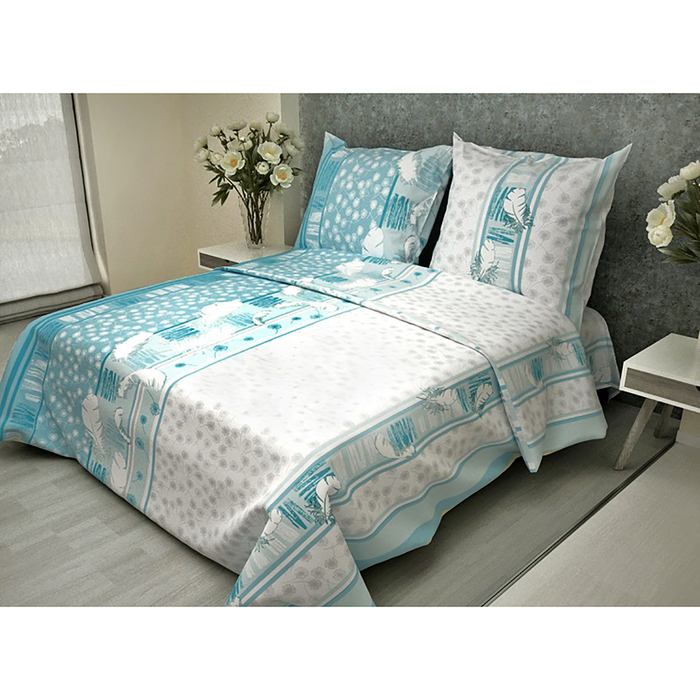 Постельное бельё 1,5 сп. La Marka Home рис.Перья Бирюзовые 147х210, 150х210, 70х70 2шт бязь 100г/м, хл100%