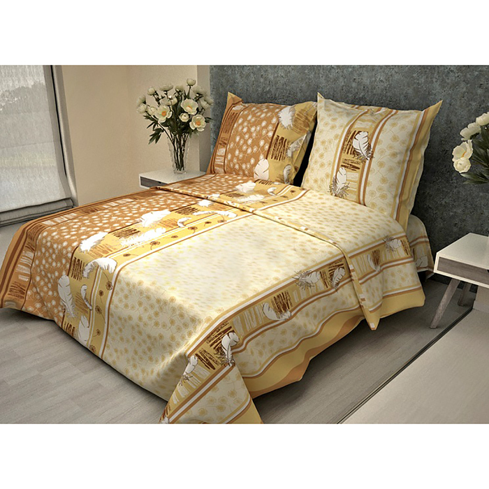 Постельное бельё 2 сп. La Marka Home рис.Перья Бежевые 175х210, 180х210, 70х70 2шт бязь 100г/м, хл100%
