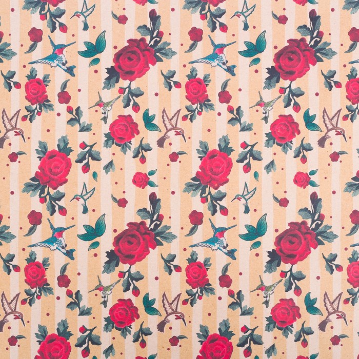 Бумага упаковочная крафтовая «Колибри и розы», 50 × 70 см