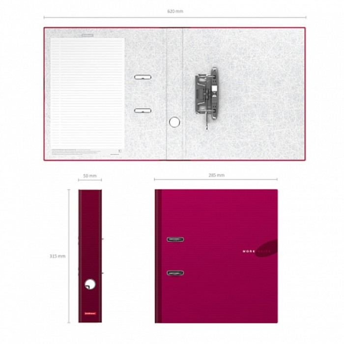 Папка-регистратор А4, 50мм WORK INSIDE, собранный, бордовый, глянцевая ламинация, картон 2мм, вместимость 350 листов