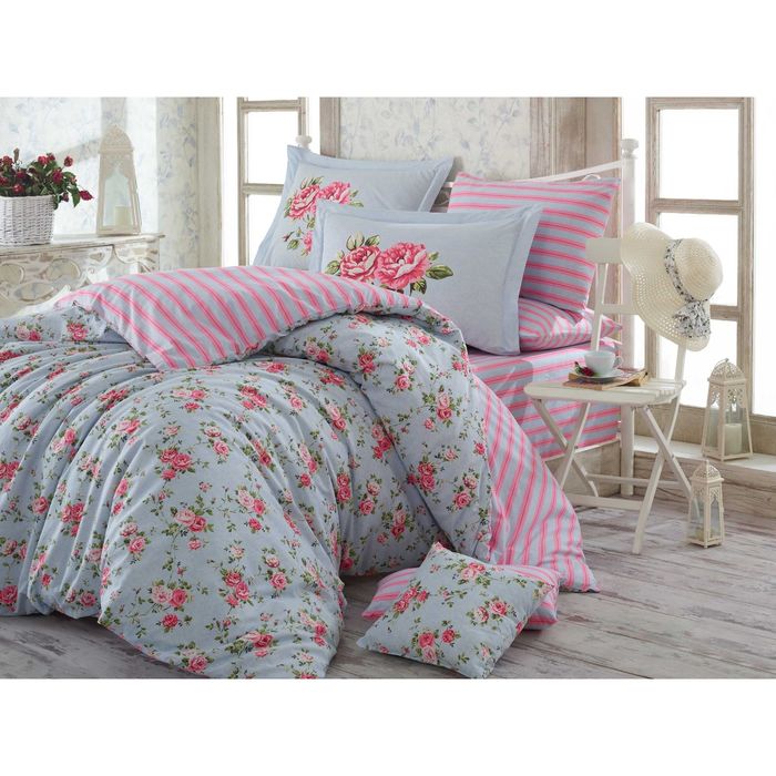 КПБ "FLORA" 2 сп., размер 200х220, 240х260, 50х70, 70х70 по 2 шт., цвет голубой, поплин