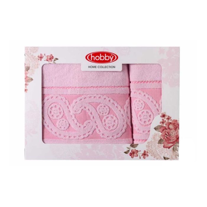 Махровые полотенца в коробке "HURREM", размер 50х90, 70х140 см, цвет светло-розовый