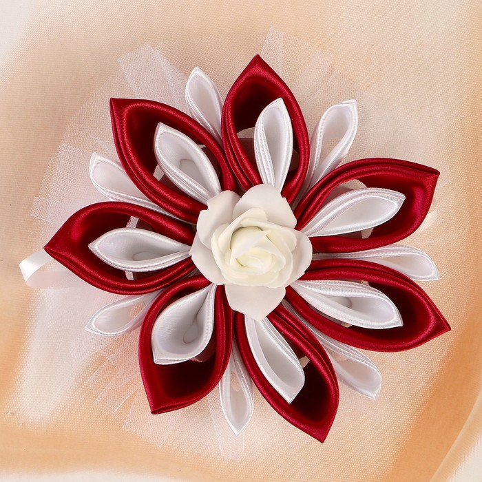 Бант свадебный для декора «Канзаши» D 15 см Угловой с фатином 1 шт, цвет бордовый