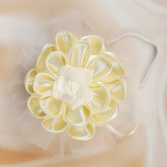 Бант для декора «Канзаши» D 14 см Круглый с фатином, цвет:бежевый