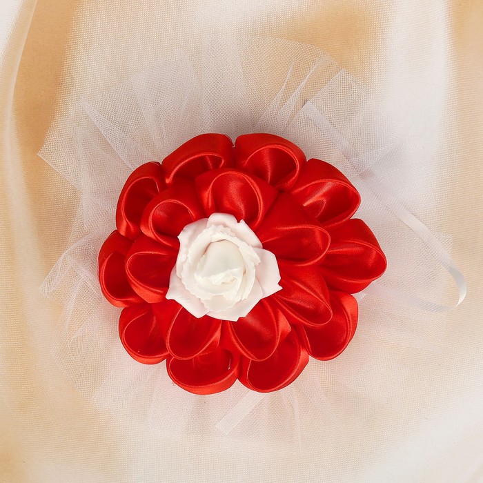 Бант для декора «Канзаши» D 14 см Круглый с фатином, цвет: красный