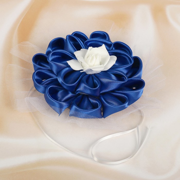 Бант для декора «Канзаши» D 14 см Круглый с фатином, цвет:синий