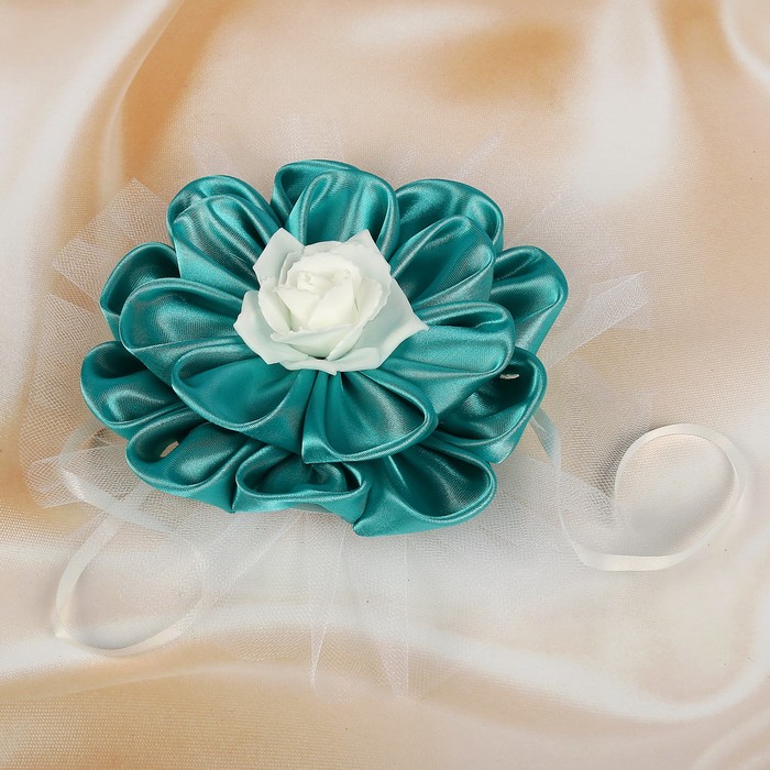 Бант для декора «Канзаши» D 14 см Круглый с фатином, цвет:бирюзовый