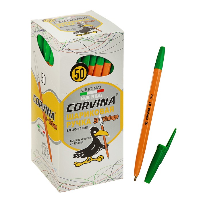 Ручка шариковая Carioca Corvina 51 желтый корпус, узел 1.0 мм, чернила зеленые