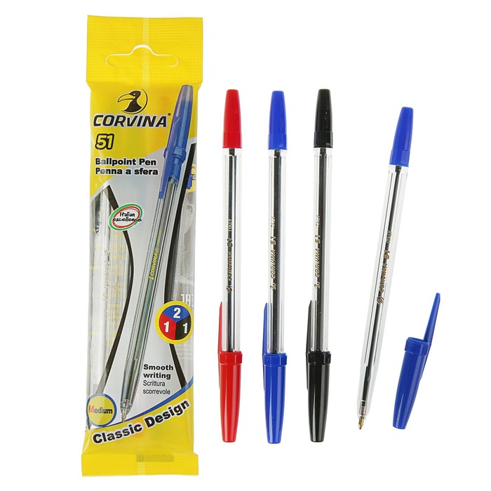 Набор ручек шариковых 4 штуки 3 цвета Universal Corvina 51, узел 1.0мм, прозрачный корпус