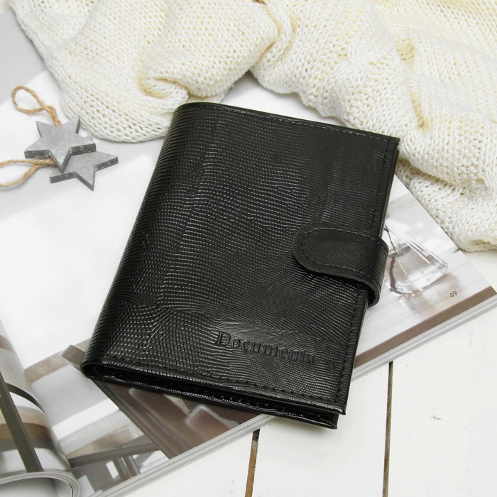 Портмоне 3 в 1, отдел, для карт, для монет, для автодокументов+паспорт, игуана, цвет чёрный