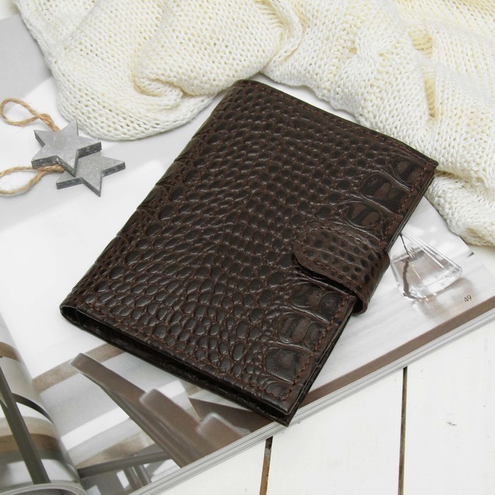 Портмоне (муж/жен) 3 в1, отдел для купюр, для карт, для монет, отдел для автодокументов+паспорта, крокодил коричневый