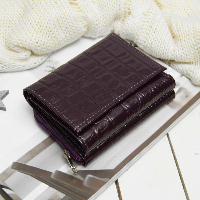 Кошелёк женский, 2 отдела на молнии, 2 отдела, для карт, кайман, цвет фиолетовый