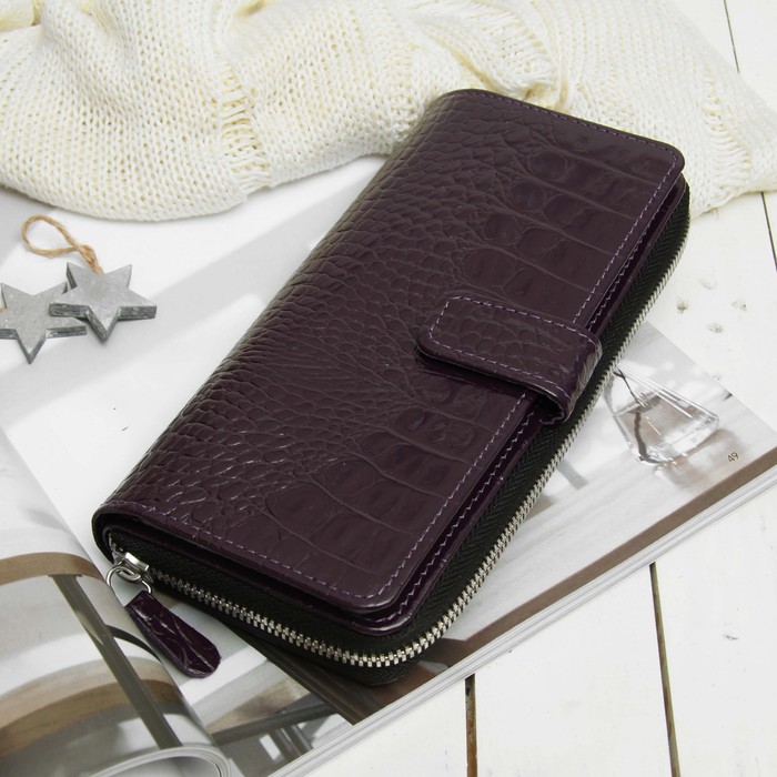 Кошелёк женский на молнии, 3 отдела, для кредиток, для монет, наружный карман, визитница 4 ряда, 16 листов, кайман, цвет фиолетовый
