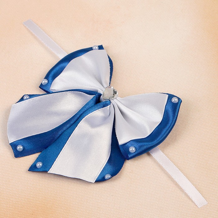 Бант свадебный для декора «Двойной с бусинами» D-9 см 2 шт,цвет бело-синий