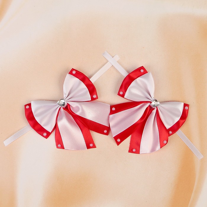 Бант свадебный для декора «Двойной с бусинами» D-9 см 2 шт,цвет бело-красный