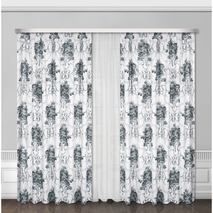 Комплект штор 03323 "Седой букет", тюль ш 400 х в 270 см, шторы ш 160 х в 270 см - 2 шт, тюль 400 х 270 см, серый