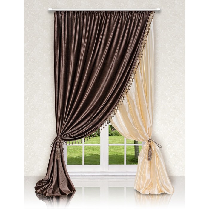 Комплект штор с подхватами 03360 "Любимое кафе", тюль ш 300 х в 275 см, портьера ш 200 х в 275 см, бежево-коричневый