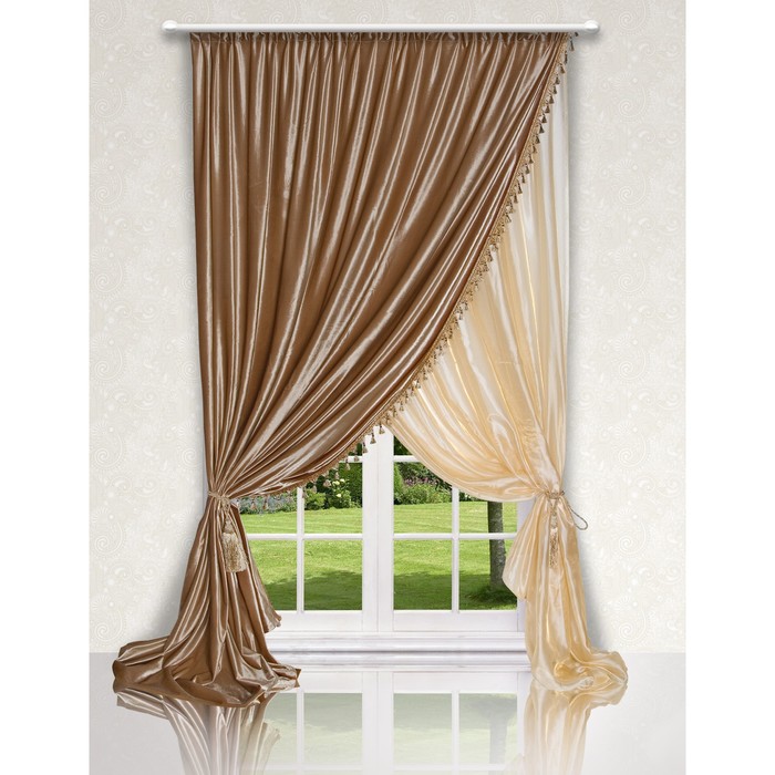 Комплект штор с подхватами 03361 "Дворец", тюль ш 300 х в 275 см, портьера ш 200 х в 275 см, бежево-золотистый