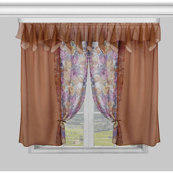 Комплект штор с подхватами 55691 "Букет": шторы ш 130 х 180 см - 2 шт, ламбрекен ш 300 х в 50 см, коричневый