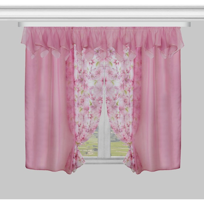 Комплект штор с подхватами 55692 "Букет": шторы ш 130 х в 180 см - 2 шт, ламбрекен ш 300 х в 50 см, розовый