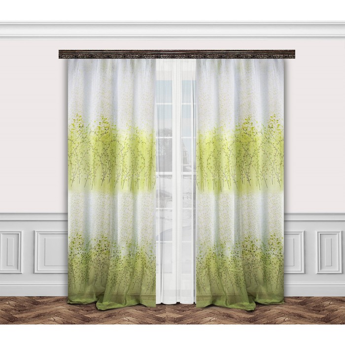 Комплект штор 777003 "Ветви": тюль ш 350 х в 260 см, шторы ш 160 х в 260 см - 2 шт, зелёный