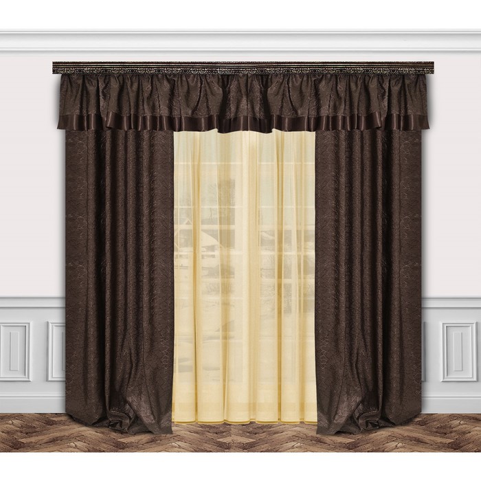 Комплект штор 777051 "Шоколадный эклер", тюль ш 400 х в 260 см, шторы ш 150 х в 260 см - 2 шт, ламбрекен ш 400 х в 45 см, бежевый, шоколадный