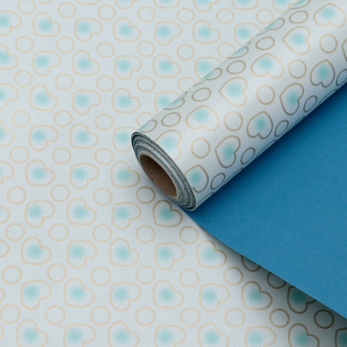 Бумага упаковочная "Сердечки", двусторонняя, голубая, 53 см х 10 м