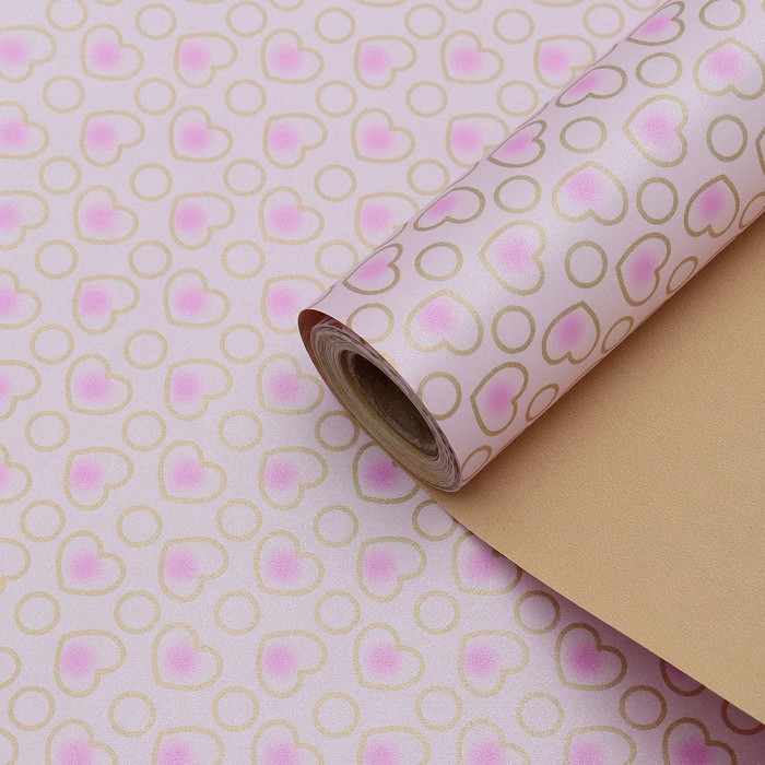 Бумага упаковочная "Сердечки", двусторонняя, светло-розовая, 53 см х 10 м