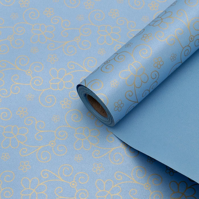 Бумага упаковочная "Цветы", двусторонняя, голубая, 53 см х 10 м