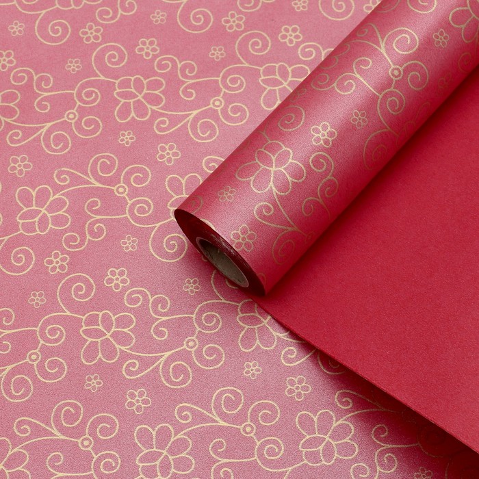 Бумага упаковочная "Цветы", двусторонняя, красная, 53 см х 10 м