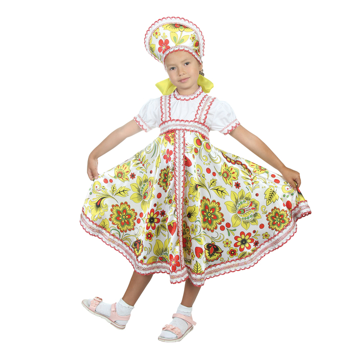 Русский народный костюм "Хохлома", платье, кокошник, цвет белый, р-р 34, рост 134 см
